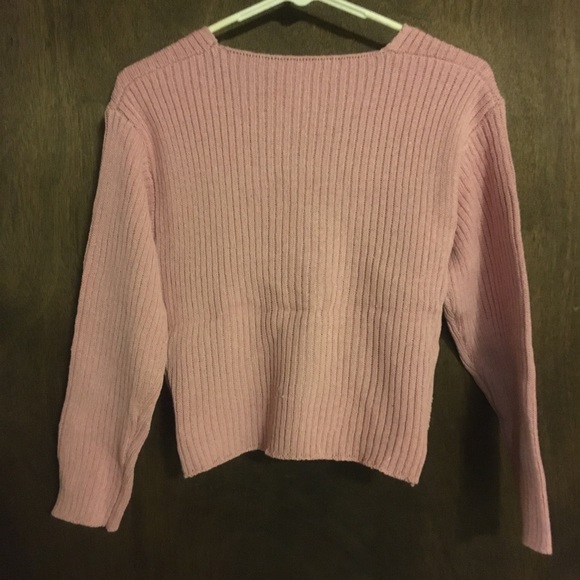 Stylish V Neck Knot Crop Front Rose Red Sweater - Picture 7 of 7
